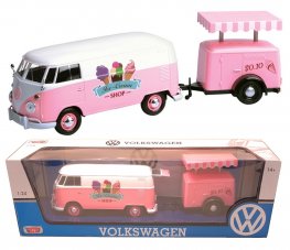 1:24 Volkswagen Type 2 (T1) - Delivery Van and Refrigeration Trailer (Pink with White) MM79672RT 1:24 Volkswagen Type 2 (T1) - Delivery Van and Refrigeration Trailer (Pink with White) MM79672RT